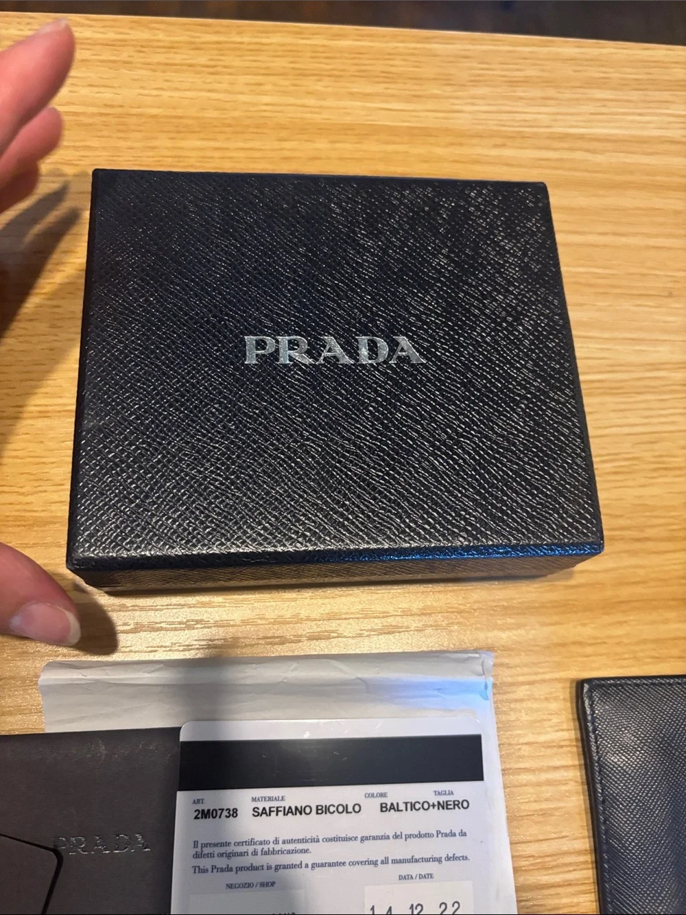 Prada Blue and black  Saffiano Leather wallet with box COA card